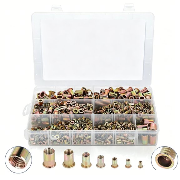915-Piece Carbon Steel Flat-Headed Ribbed Rivet Nuts Set - M3 to M12 Pull-Type Rivet Nuts for Automotive, Construction, and DIY Projects