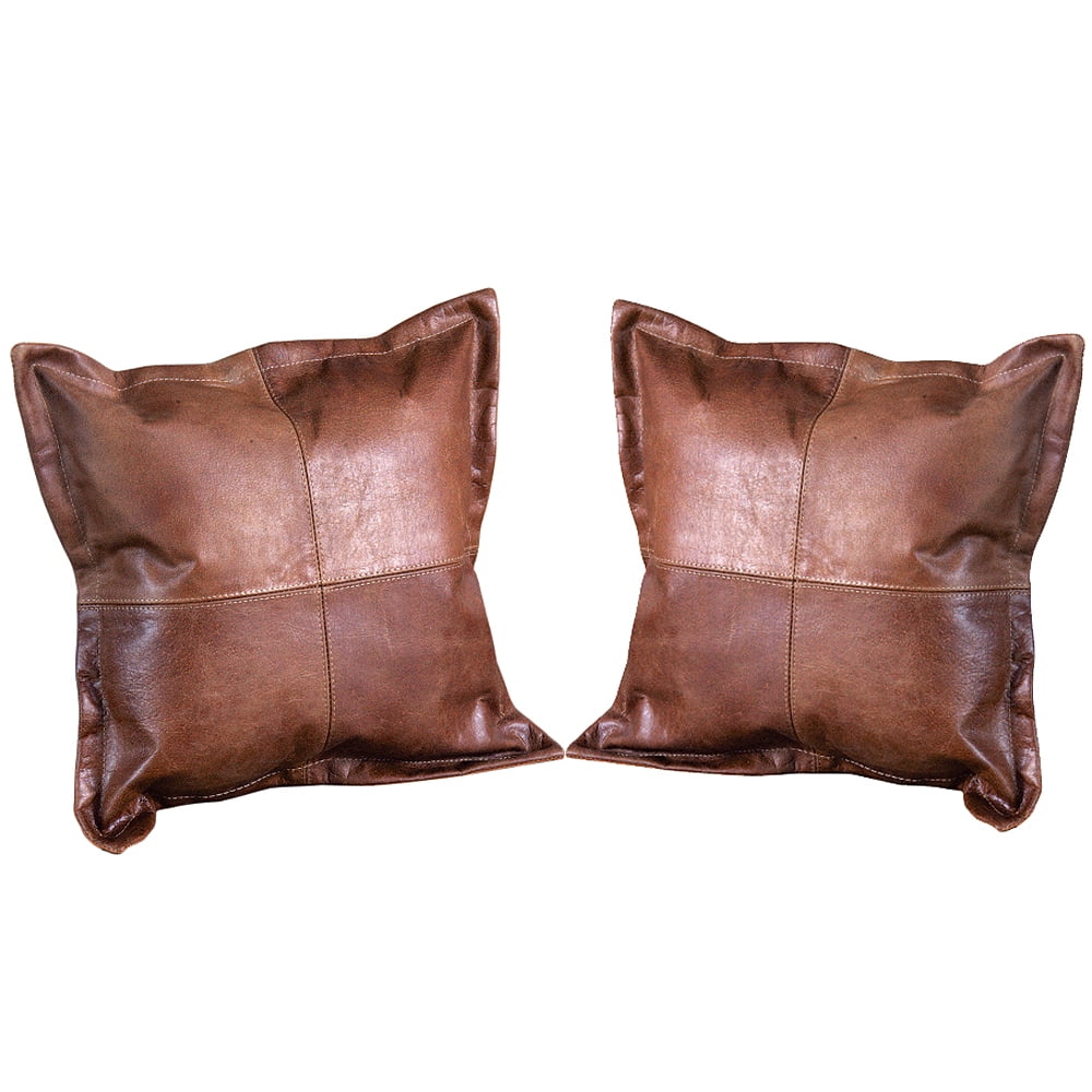 Set of 2 Antique Brown Leather Square Pillow Covers