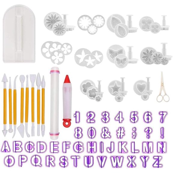 91PCS Fondant Tools, Frosting Cake Decorating Kit, Letter Cutters, Roller, Smoother, Embossing Molds & Scissors, Sugar Art Tools for Cake Frosting Shaping
