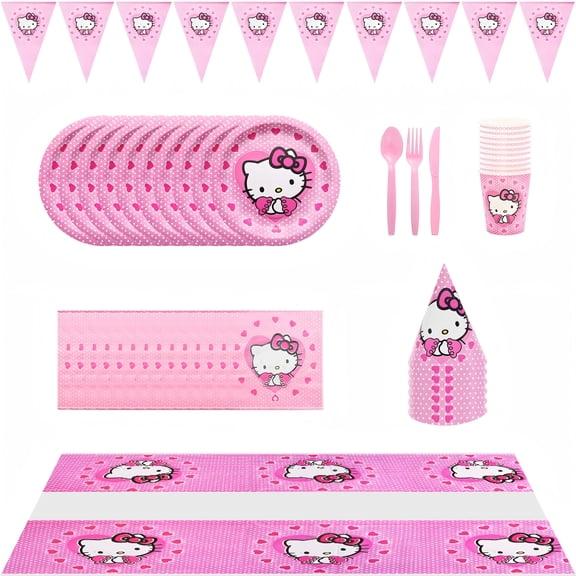91PCS Kitty Birthday Party Supplies Set: Plates, Napkins,Tablecover Etc. Perfect for Girls' Birthday Parties, Family Gatherings & Kids' Celebrations