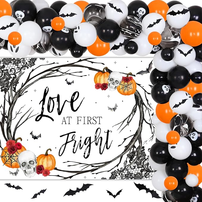91Pcs Halloween Bachelorette Party Decorations Love at First Fright Backdrop Orange Balloon Garland Arch Kit 3D Bat Wall Stickers for Halloween Engagement Wedding Bachelorette Party Decor Supplies