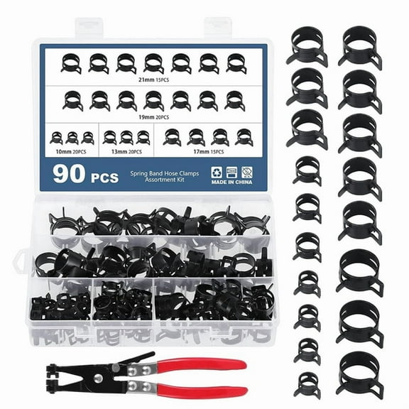 91Pcs Spring Band Hose Clamps Assortment Kits with Hose Clamp Pliers Silicone Vacuum Hose Pipe Clamp Air Clip Clamp,90Pcs * Spring Band 1 * Hose Clamps