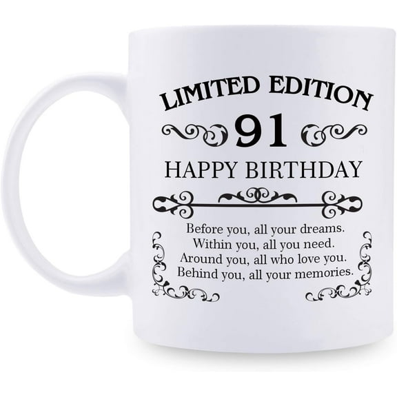91st Birthday Gifts for Women Men - 11 oz Coffee Mug - 91 Year Old Present Ideas for Mom, Dad, Wife, Husband, Son, Daughter, Friend, Colleague, Coworker (91st Birthday Gift)