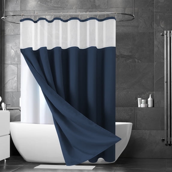 91x183cm Navy Shower Curtain Set with Clear Liner - 12 Stainless Steel Hooks, Heavy Duty Polyester Waterproof Curtain for Bathroom & RV