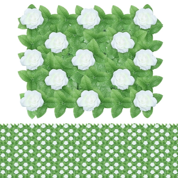 91x46 Inches, Artificial Ivy Privacy Fence, White Roses, Faux Evergreen Leaf Hedge, Invisible Fence Panel for Indoor Outdoor Garden Fence Decor, 24 Pieces