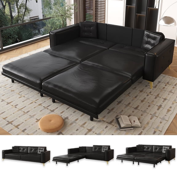 92.1'' King Pull out Sofa Bed, Convertible Futon Couch, 3-in-1 Faux Leather Sleeper Sofa with Tufted Back, 2 Pillows, Gold Legs, Deep Folding Loveseat Couches for Living Room, Apartment, Black