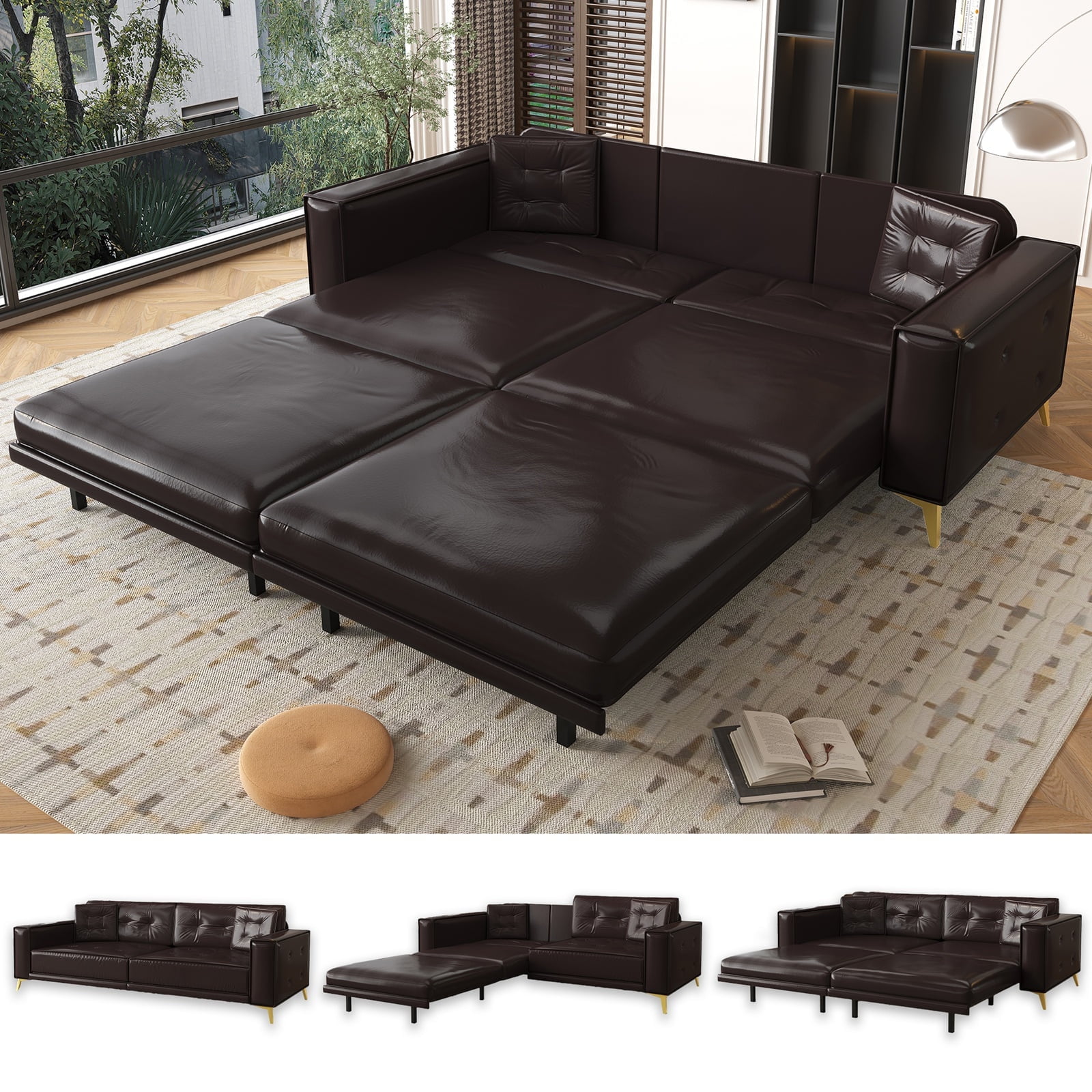 92.1'' King Pull Out Sofa Bed, Convertible Futon Couch, 3-in-1 Faux Leather Sleeper Sofa with Tufted Back, 2 Pillows, Gold Legs, Deep Folding Loveseat for Living Room, Apartment, Dark Brown