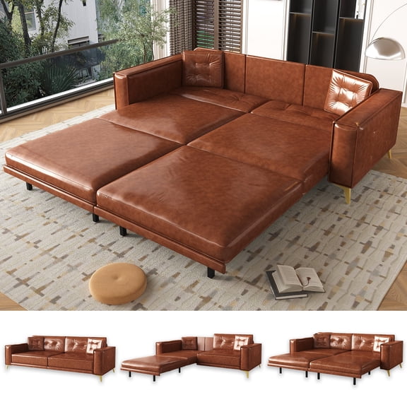 92.1'' King Pull Out Sofa Bed, Convertible Futon Couch, 3-in-1 Faux Leather Sleeper Sofa with Tufted Back, 2 Pillows, Gold Legs, Deep Folding Loveseat for Living Room, Apartment, Light Brown