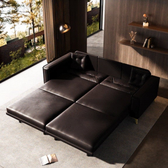 92.1" King Size Faux Leather Sleeper Sofa Bed - 3-in-1 Convertible Pull Out Couch, 4-Seater with Ultra Wide Armrests & Tufted Design, 2 Pillows Included for Living Room, Apartment,Dark Brown