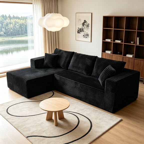92.5" Boneless Modern L-Shaped Corduroy Compression Sofa Couch for Living Room, Left facing Chaise, Black