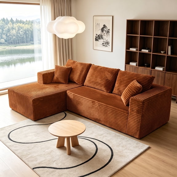 92.5" Boneless Modern L-Shaped Corduroy Compression Sofa Couch for Living Room, Left facing Chaise, Brown