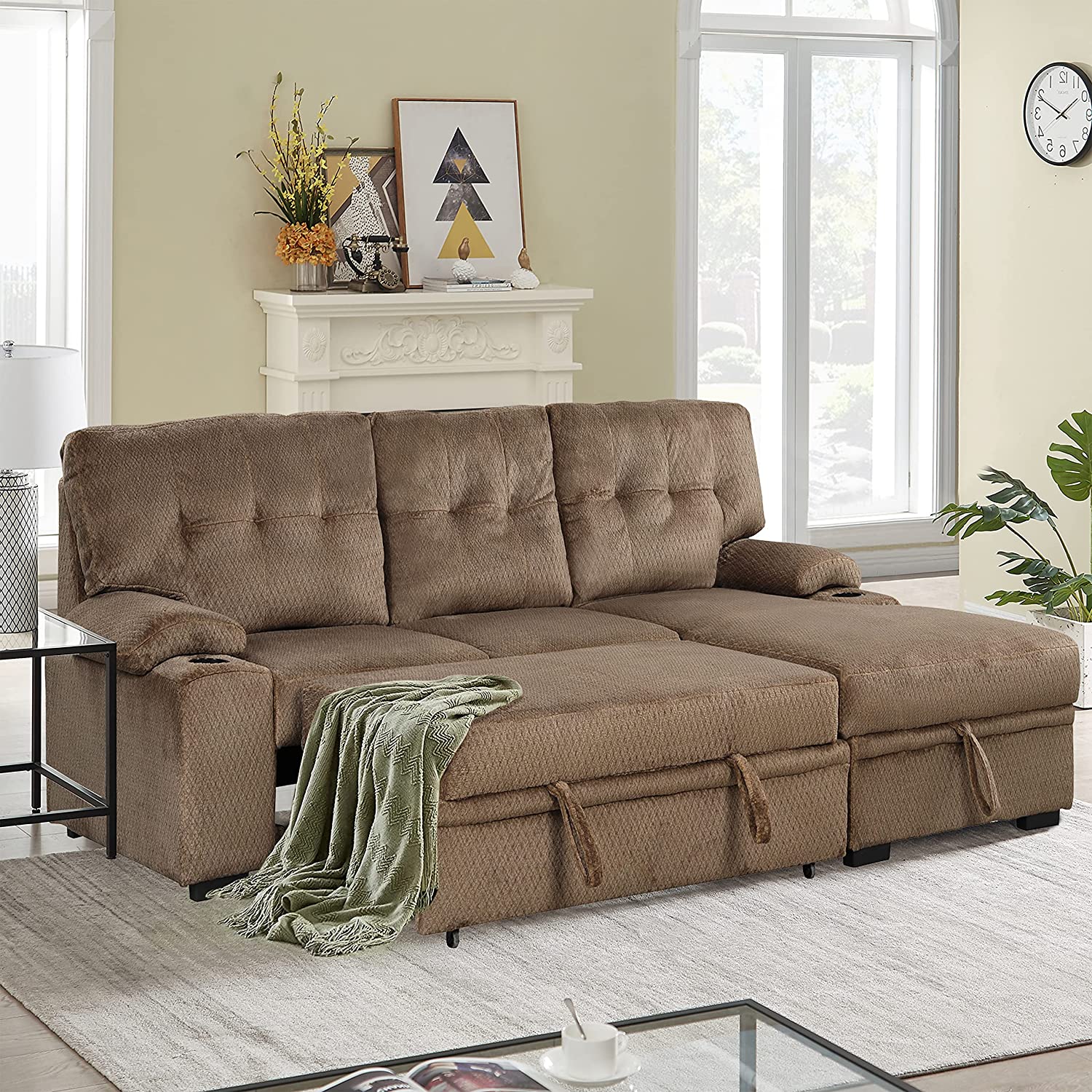 92.5” Linen Reversible Sleeper Sectional Sofa with Storage and 2 Stools