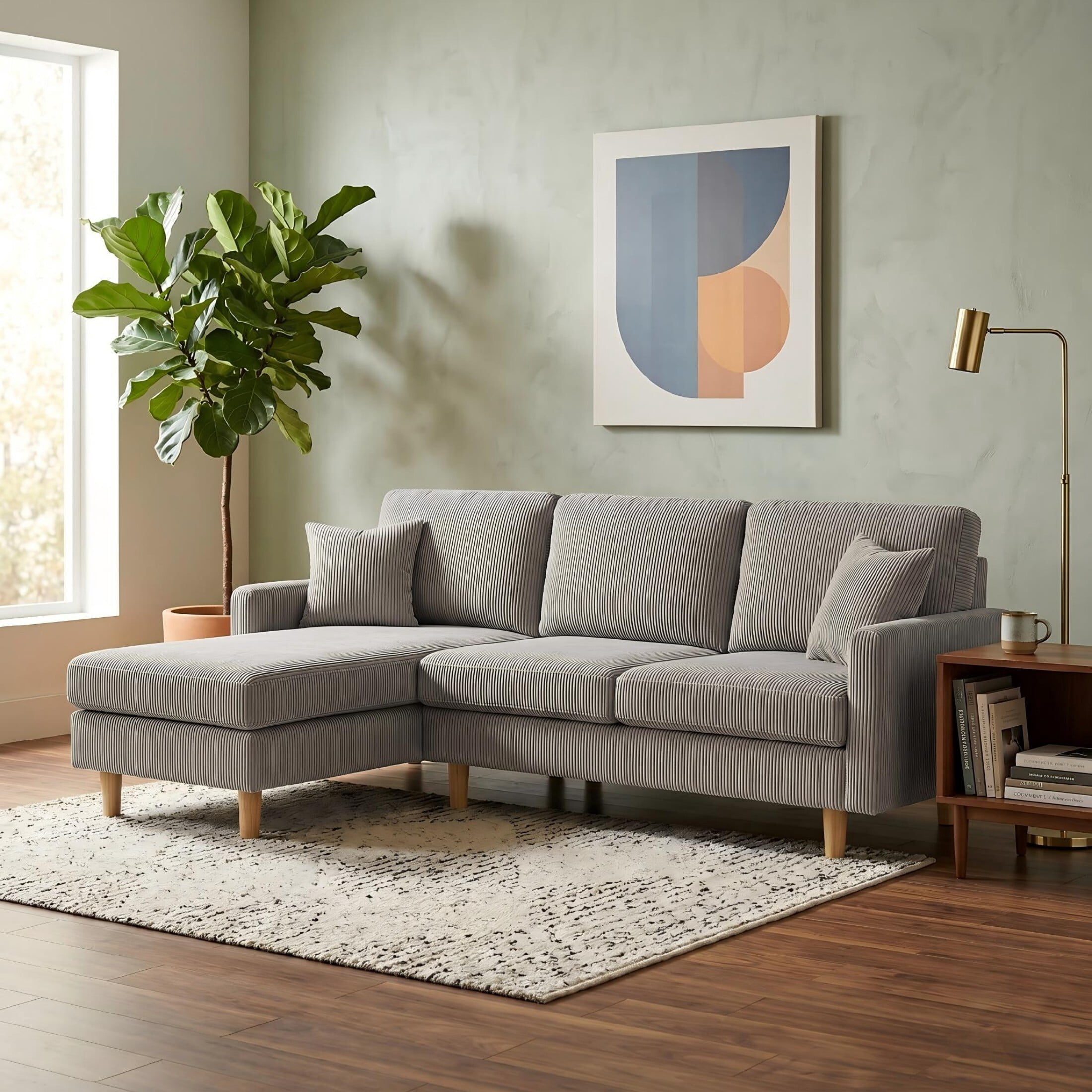 92.5" Light Gray Corduroy L-Shape Sectional Sofa with Chaise