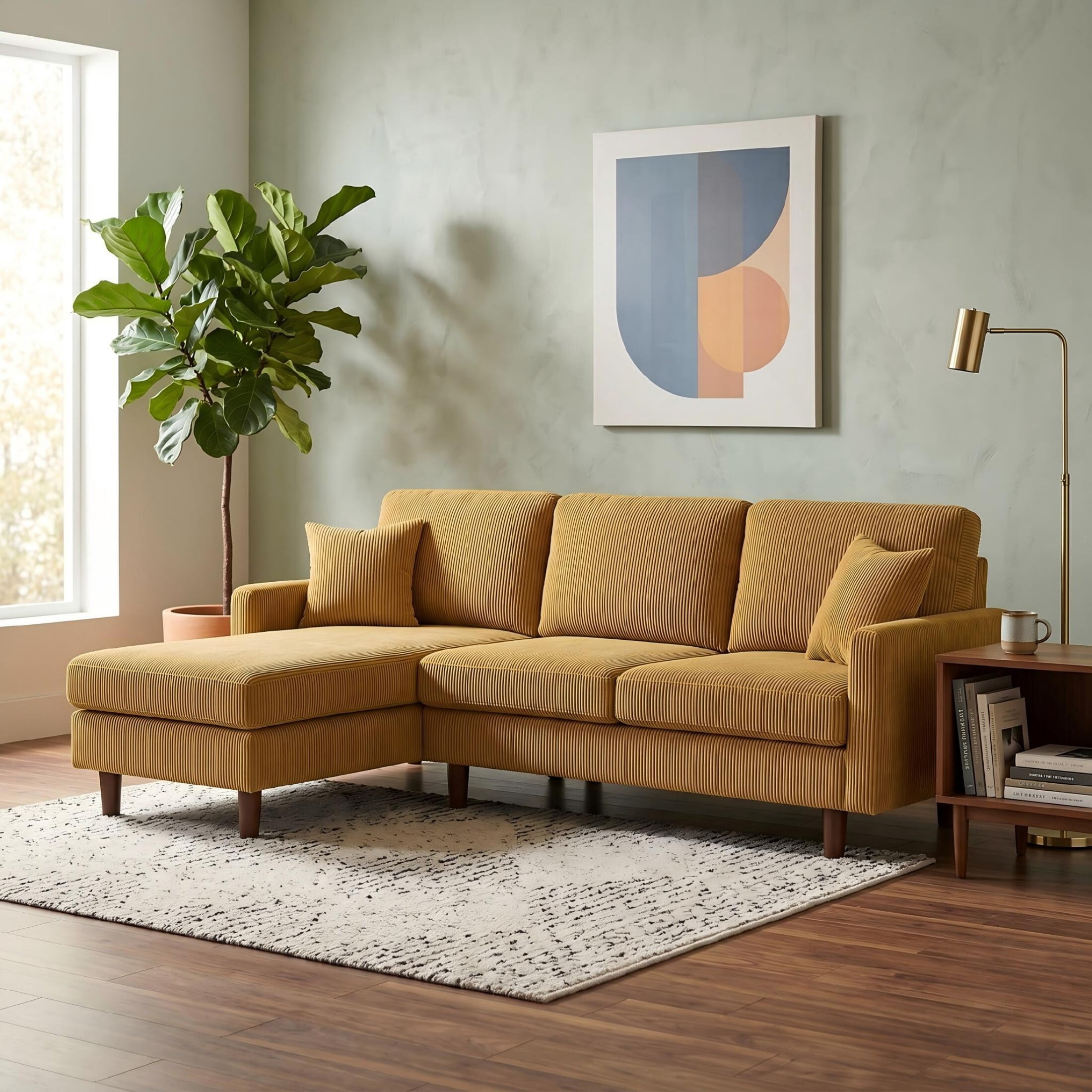92.5" Mustard Yellow Corduroy L-Shape Sectional Sofa with Chaise