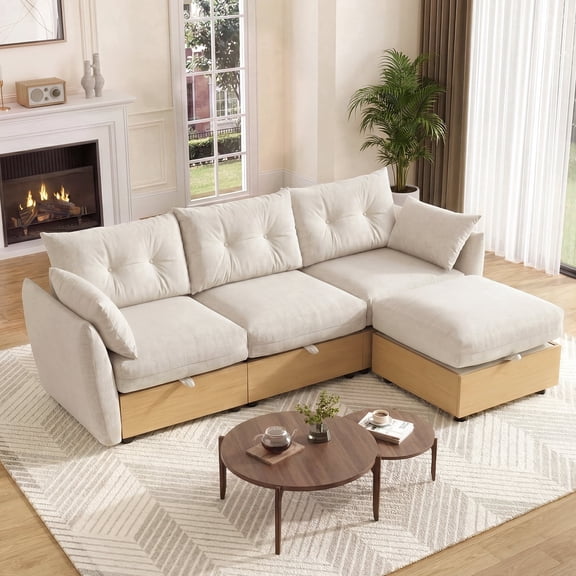 HDLKRR 92.5" Modular Sectional Sofa with Storage, Reversible Chaise, Deep Seat, Wood Grain Base, Oatmeal Beige