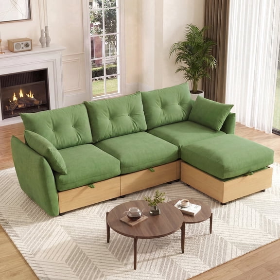 HDLKRR 92.5" Modular Sectional Sofa with Storage Ottoman, Deep Seat Couch, Wood Grain Base, Olive Green