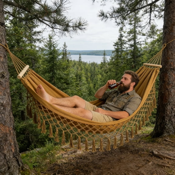 92.5x53.1in Double Camping Hammock with Fringe Tassels, Heavy Duty Canvas Outdoor Swing Bed for Backyard, Patio, Porch, Indoor or Garden Portable Relaxation