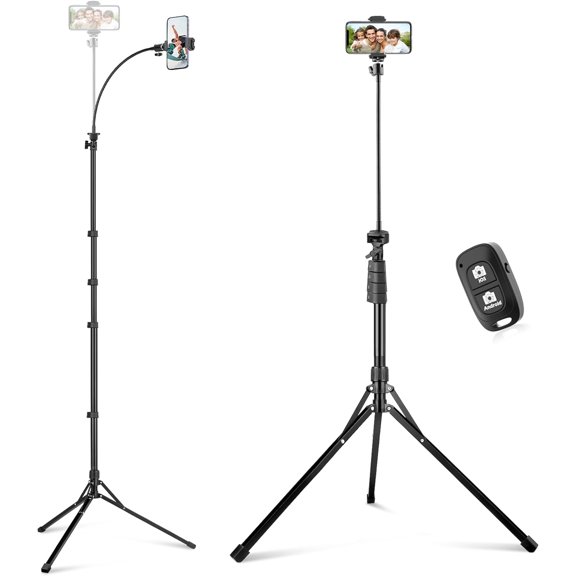 92" Cell Phone Tripod, Selfie Stick Tripod with 16.5" Flexible Gooseneck, Overhead Phone Stand for Video Recording, Photography, Compatible with Phone, Camera