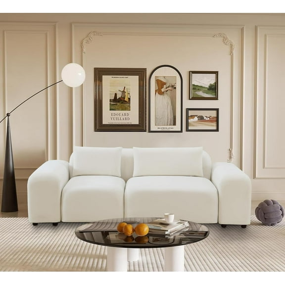 92" Comfy Sofa Couch for Living Room, Deep Seat Couch with Armrest Pocket, Modern Sofa Microfiber Upholstery Love Seat for Bedroom Apartment (Beige Loveseat Couch)