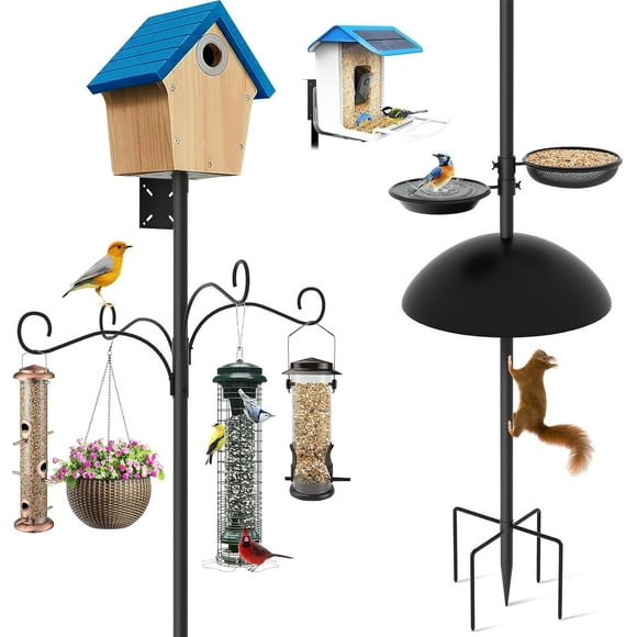 92" Heavy Duty Bird Feeder Pole for Outdoors Adjustable Birdhouse Stand with Squirrel Baffle, 4 Shepherd Hooks, Metal Tray, 5-Prong Base for Garden & Backyard Wild Bird Feeding
