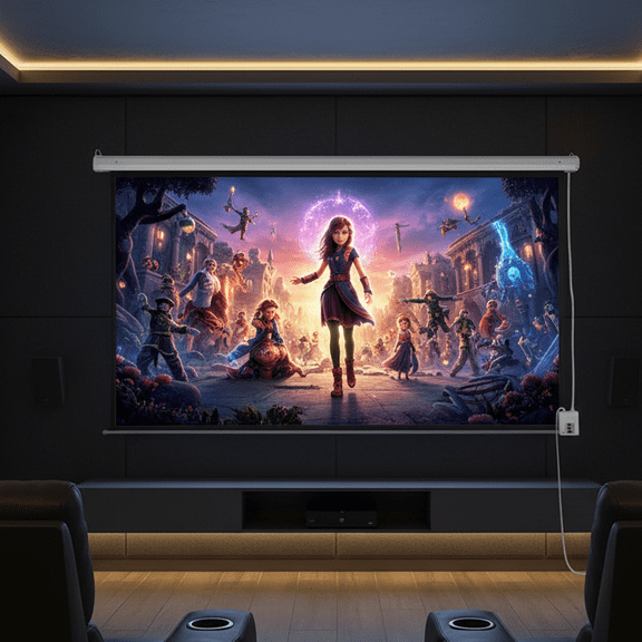 92 Inch 16:9 Electric Motorized Projector Screen Remote Control Home Cinema Theater Office Presentations Training Public Display Movies Gaming Backyard Entertainment Crystal Clear Image Quality
