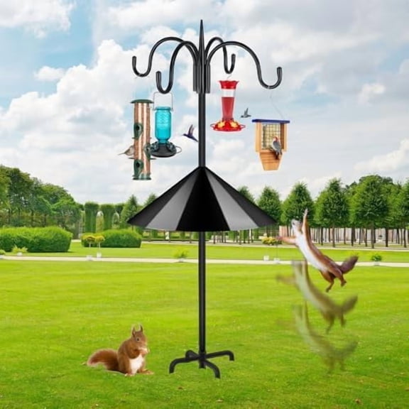 92 Inch Adjustable Shepherd Four Hooks with Squirrel Baffle Heavy Duty Garden Hooks 5-Prong Base Bird Feeder Pole for Hanging Plant Baskets Solar Lights Lanterns