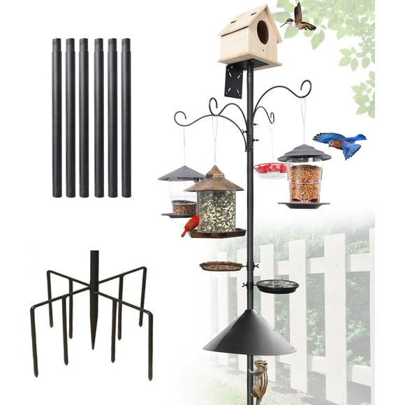 92 Inch Bird Feeder Pole with Squirrel Baffle & Upgraded 9-Prong Base, Adjustable Bird House Pole for Outdoors Heavy Duty, Birdhouse Stand Post Station with 4 Shepherd Hooks, Birdbath, Tray