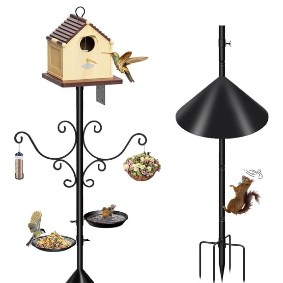92 Inch Bird Feeder Pole Squirrel Proof, Heavy Duty Bird House Pole, Adjustable Bird Feeder Stand with 8 Shepherds Hooks, 2 Mental Trays