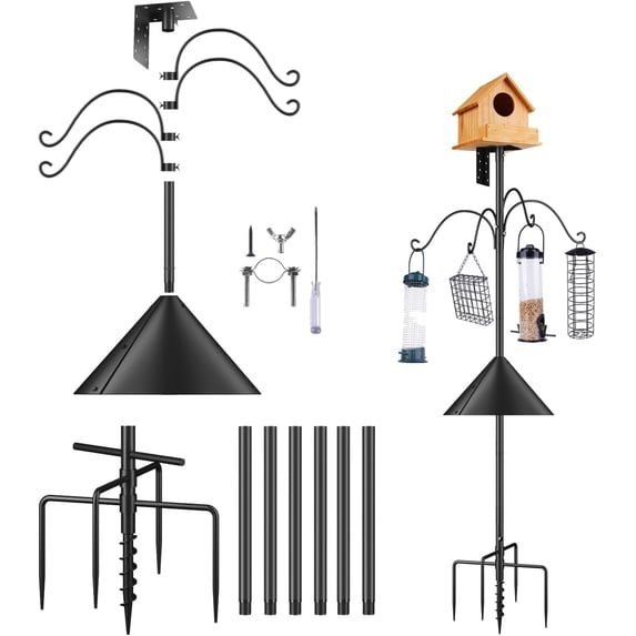 92 Inch Bird House Pole for Garden, Bird Feeder Poles with Squirrel Proof Baffle 4 Shepherd Hooks,Heavy Duty Stand 5-Prong Anchor Feeding Station (Bird House NOT Included)