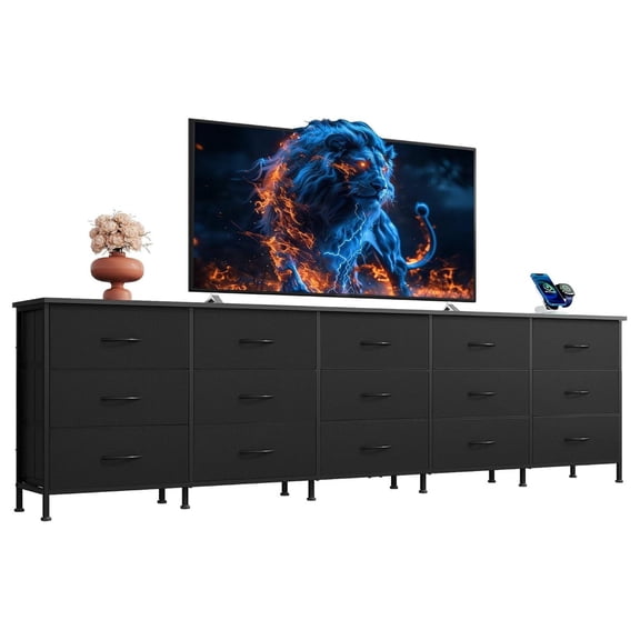 92 Inch Dresser TV Stand for 98 Inch TV, 15 Drawer Black Media Console with Metal Frame, Wide Storage Organizer for Living Room Bedroom, 75 80 85 90 Inch Display Cabinet