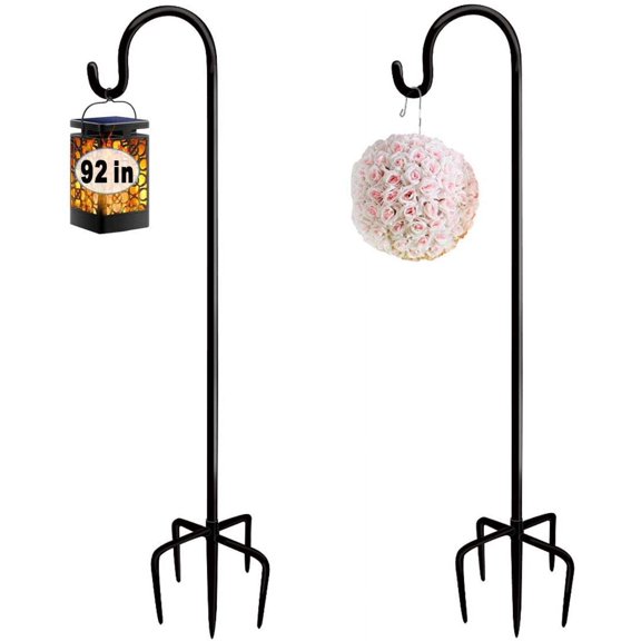 92 Inch Outdoor Shepherd Hooks with 5 Pronger Base (2 Packs), Adjustable Heavy Duty Garden Hanging Stand Holder for Bird Feeders Lanterns Planter Hanger, Matte Black