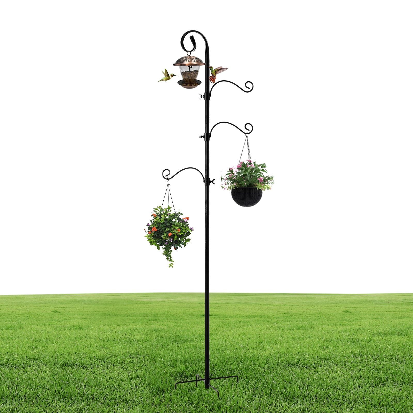 92 Inch Shepherds Hooks for Outdoor, Bird Feeder Poles with 4 Hooks, Shepherds Hook for Bird Feeders Outside with Base, Garden Pole for Hanging Plant Baskets, Weddings Decor