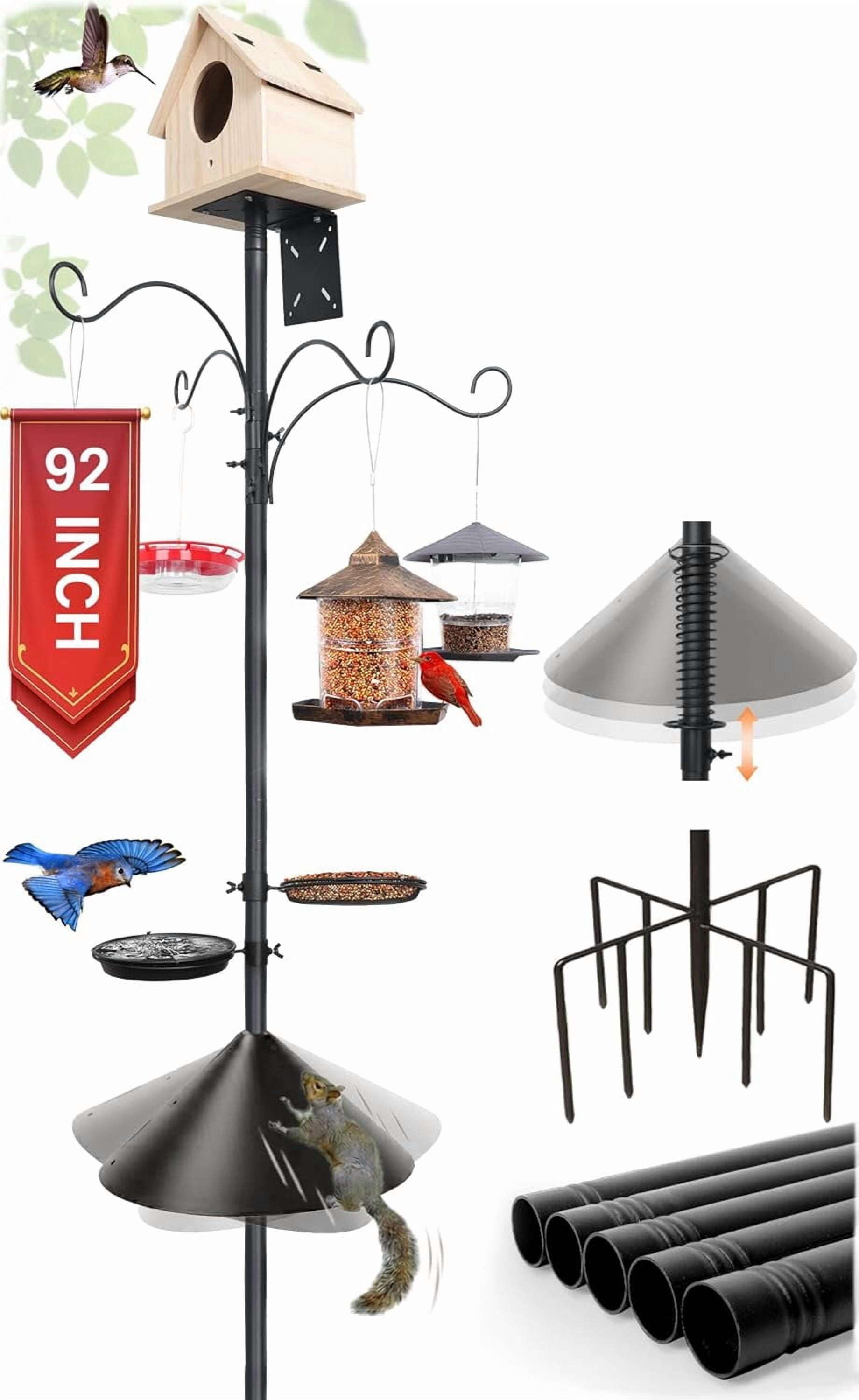 92 Inch Squirrel Proof Bird Feeder Pole with 9 Prongs Base, 1 Inch Dia Bird House Pole, Heavy Duty Bird Feeder Stand, Adjustable Shepherds Hooks for Outdoor with Squirrel Baffle Birdbath Tray