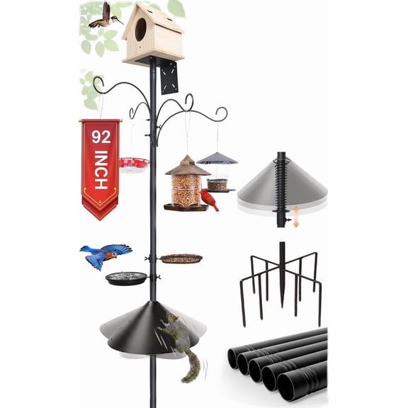 92 Inch Squirrel Proof Bird Feeder Pole with 9 Prongs Base, 1 Inch Dia Bird House Pole, Heavy Duty Bird Feeder Stand, Adjustable Shepherds Hooks for Outdoor with Squirrel Baffle Birdbath Tray