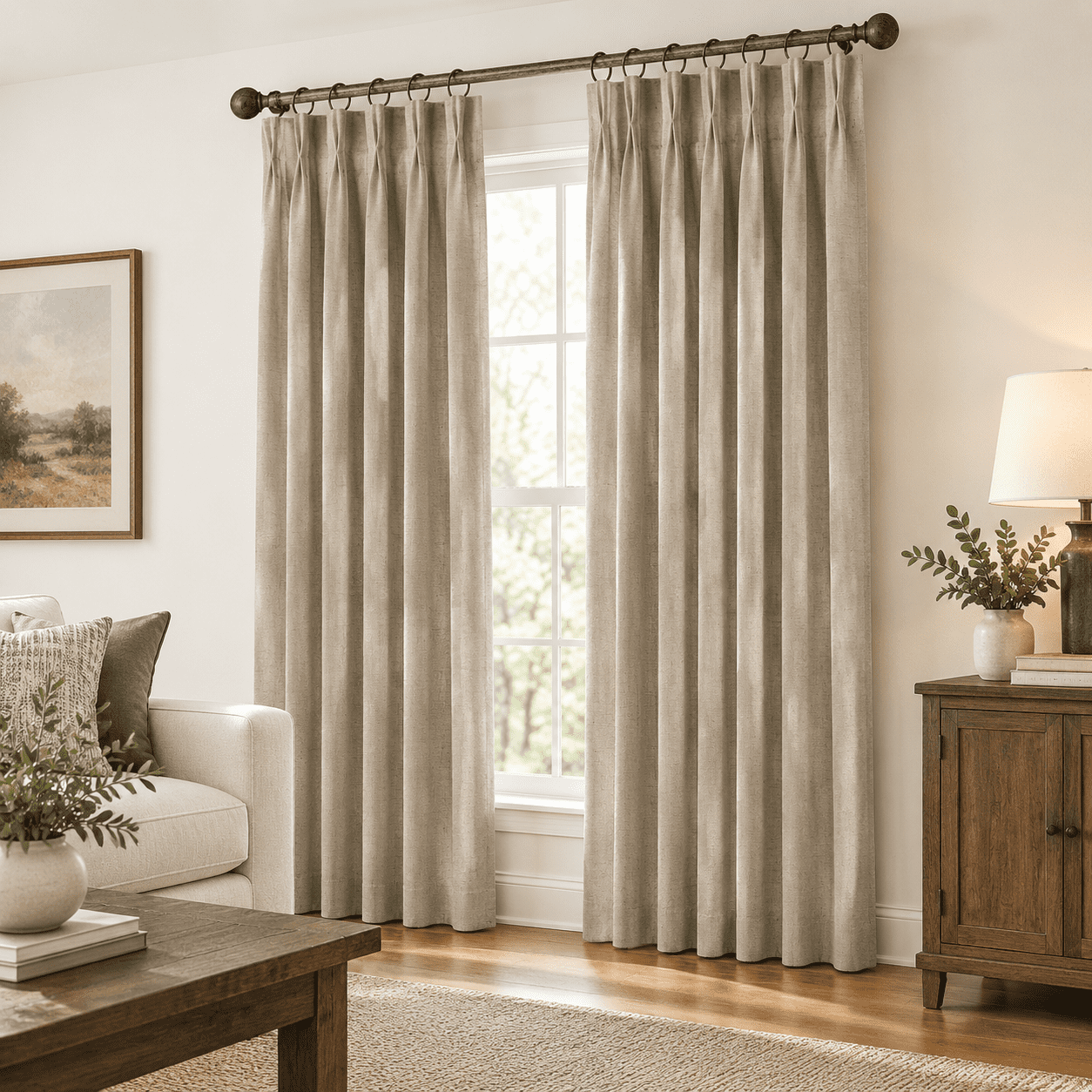 92 Inches Long Pinch Pleated Semi Sheer Curtagrey Beige Linen Blended ...