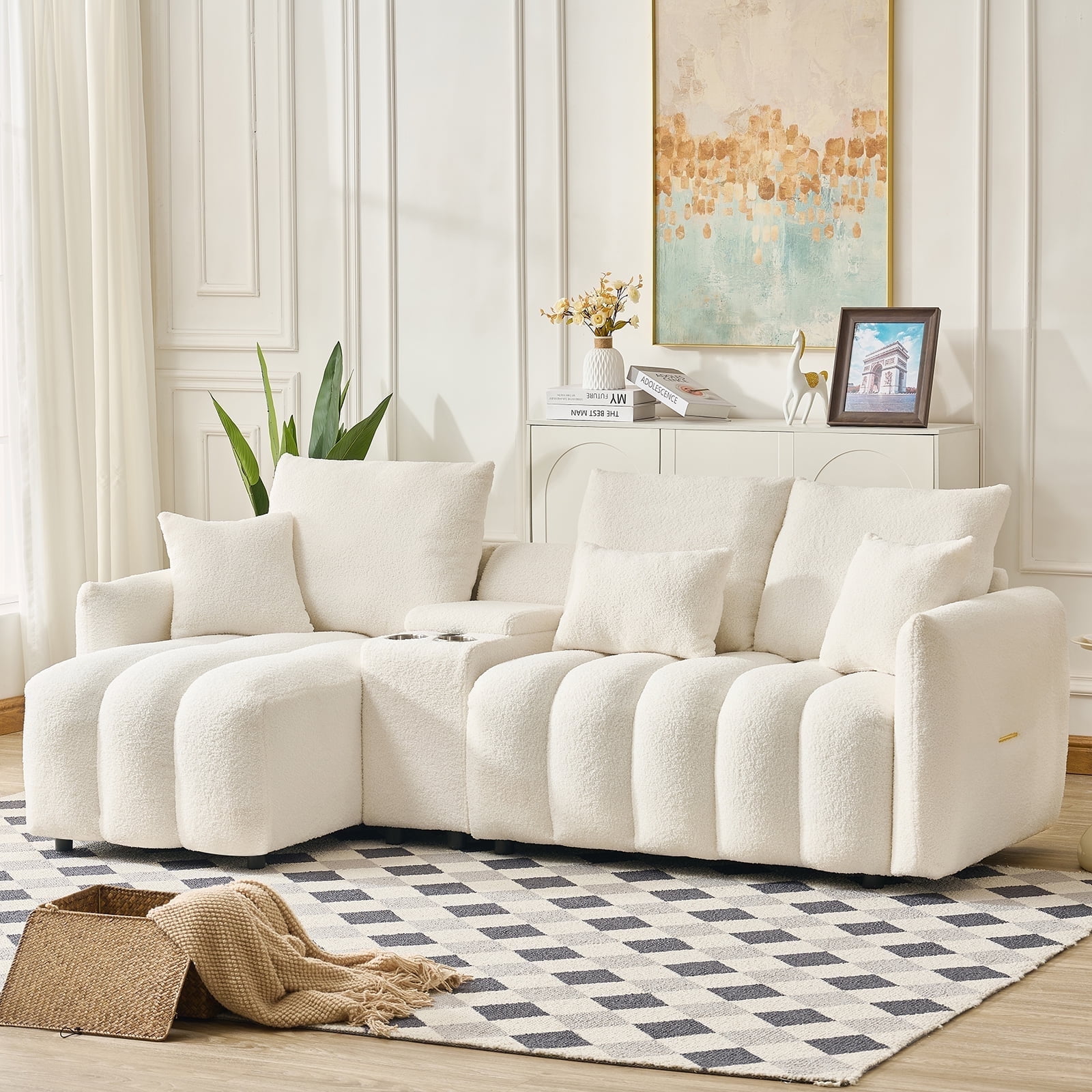 92" L-Shaped Sectional Sofa with Chaise, Teddy Fabric Upholstery, USB ...