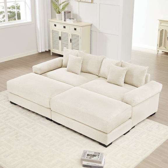 92" Modern Corduroy Sectional Couches for Living Room, Fluffy Couch with Convertible Sofa Bed, Beige Lovesac Couch Seater with 2 Ottoman for Couchfor Compact Spaces, Muebles para la Sala