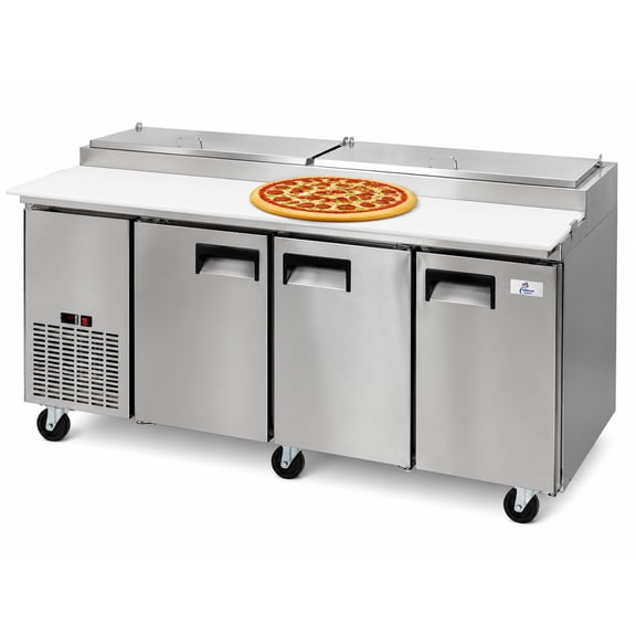 92" NSF Commercial Pizza Prep Table Refrigerator, 3 Door Stainless Steel, 24.2 Cu. Ft., Digital Temperature Control, R290 Refrigerant