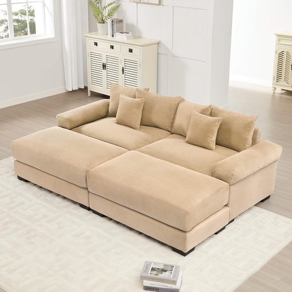 92" Oversized Cloud Modular Sectional Couch Sleeper Sofa|Corduroy Fabric|with Chaise|Deep Seat Wide Armrests|Ergonomic Design|6 Throw Pillows|Easy Assembly for Living Room Apartment - Camel