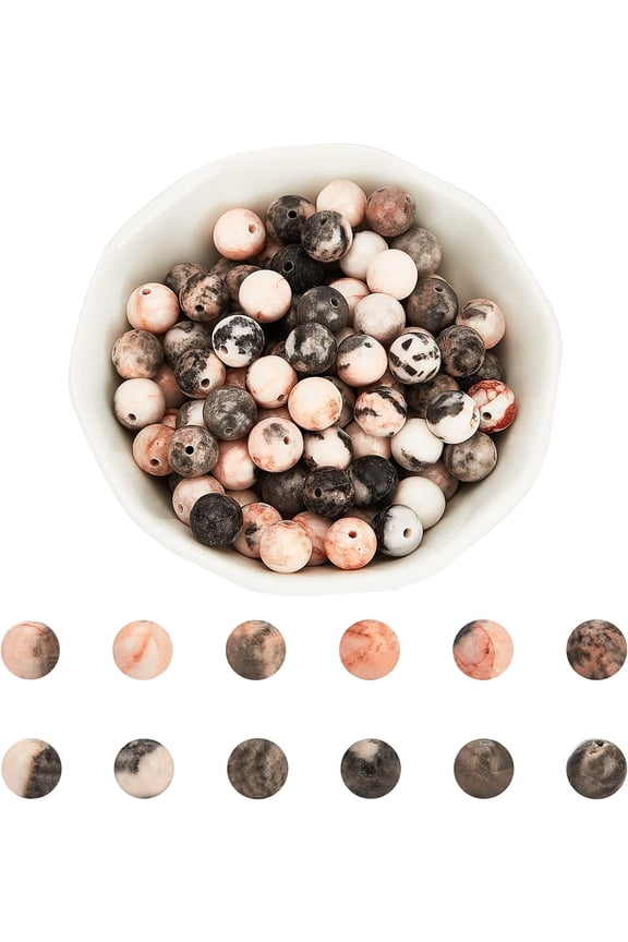 92 Pcs 8mm Natural Round Stone Beads Real Pink Zebra Jasper Beads Genuine Gemstone Loose Beads for Bracelet Necklace Jewelry Making (Hole: 1mm) for DIY