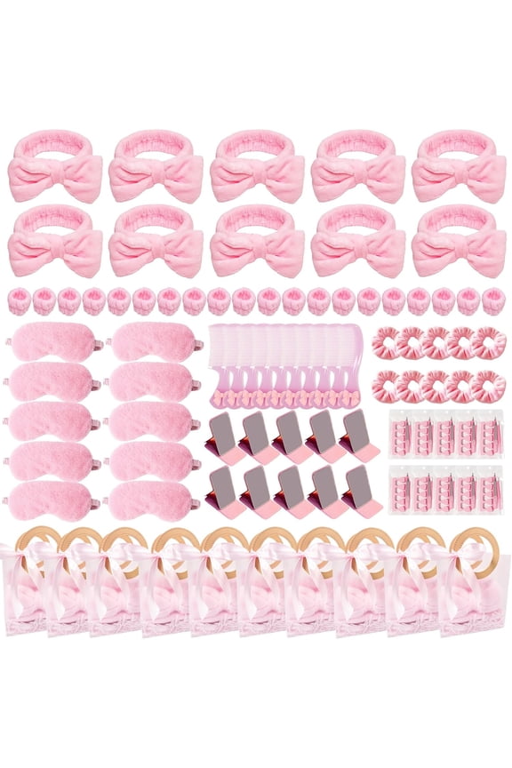 92 Pcs Pink Spa Sleepover Party Supplies for Girls, Include Skincare Headband Set Scrunchie Eye Mask, Mirror Hair, Comb, Nail Care Gift Bags for Spa Slumber Birthday Party Favors Supplies
