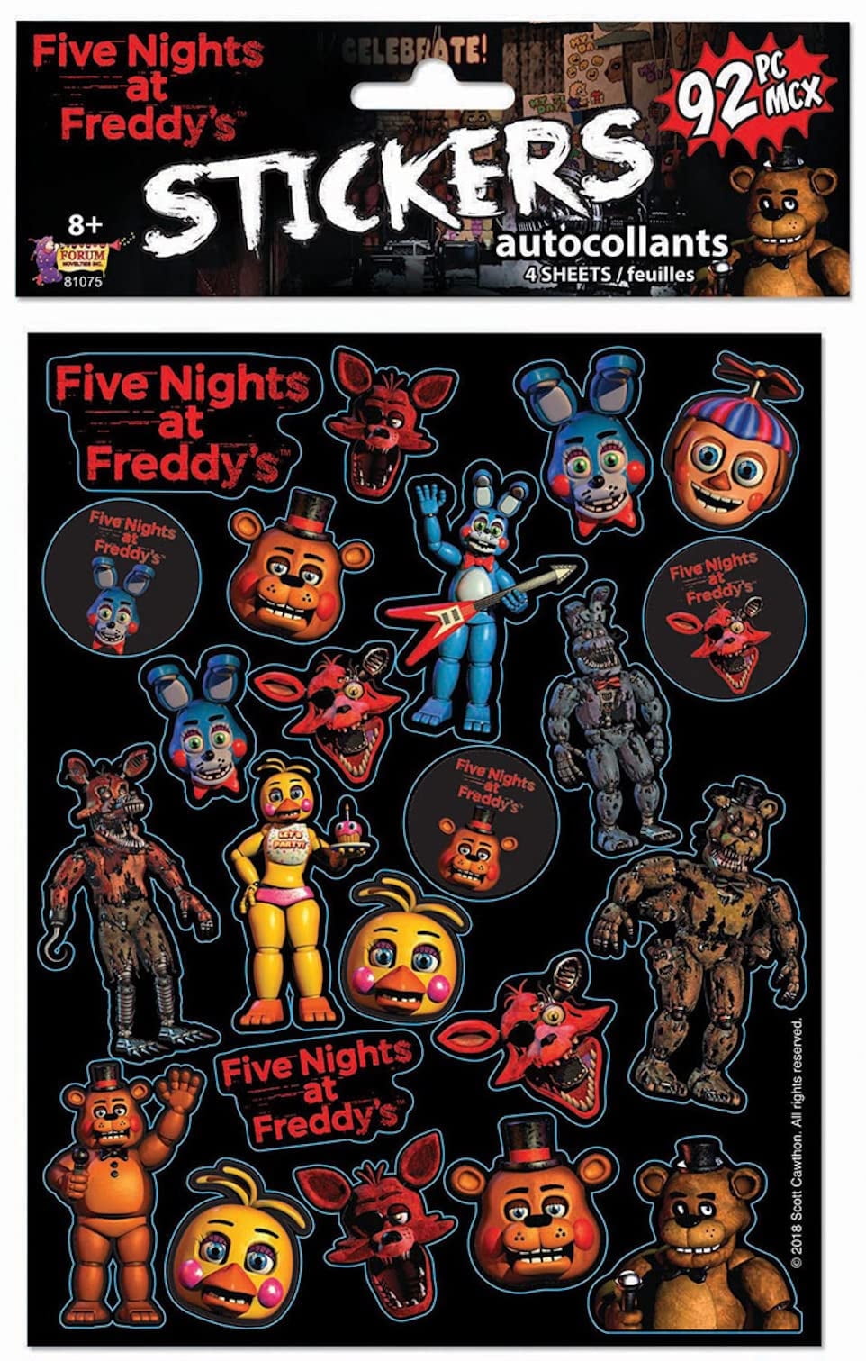 92 Piece Five Nights At Freddy's Stickers (4 Sheets Included)