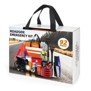 92-Piece Roadside Emergency Kit with 8 Gauge Jumper Cables, Digital Air Compressor & 55-Item First Aid Kit