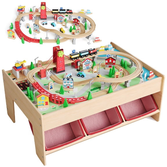 92 Pieces Train Table, Wooden Train Set & Table with 3 Storage Bins, Tracks, Train, Railway, City, Gift for Toddler Boys Girls Ages 3+