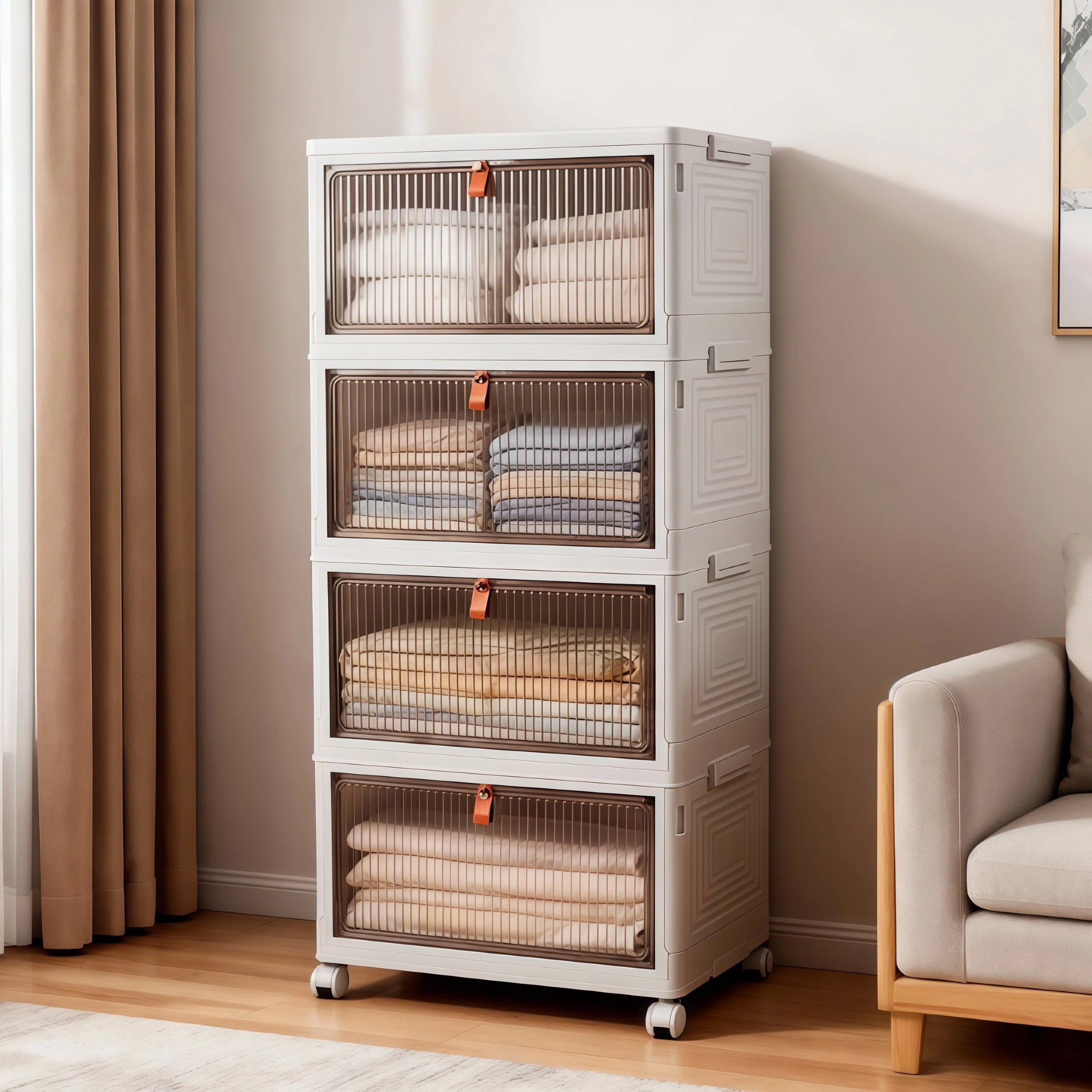 92 Qt Stackable Storage Bins with Lids and Wheels, 4 Tier Folding Storage Box with Doors, Plastic Closet Organizers and Storage Containers for Living Room, Office, Dorm