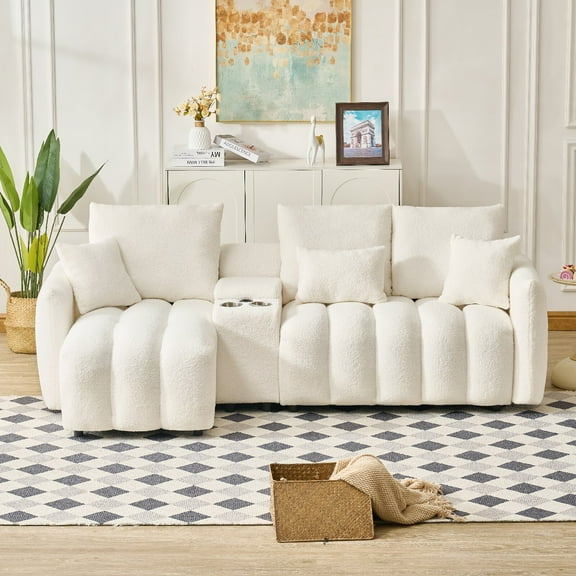 92" Teddy Fur Fabric Corner Sofa with Charging Station and Center Console, High-quality Cushioned Sofa with 2 Cup Holder and Hidden Storage for Grand Living Rooms, Apartments, Offices, Off White