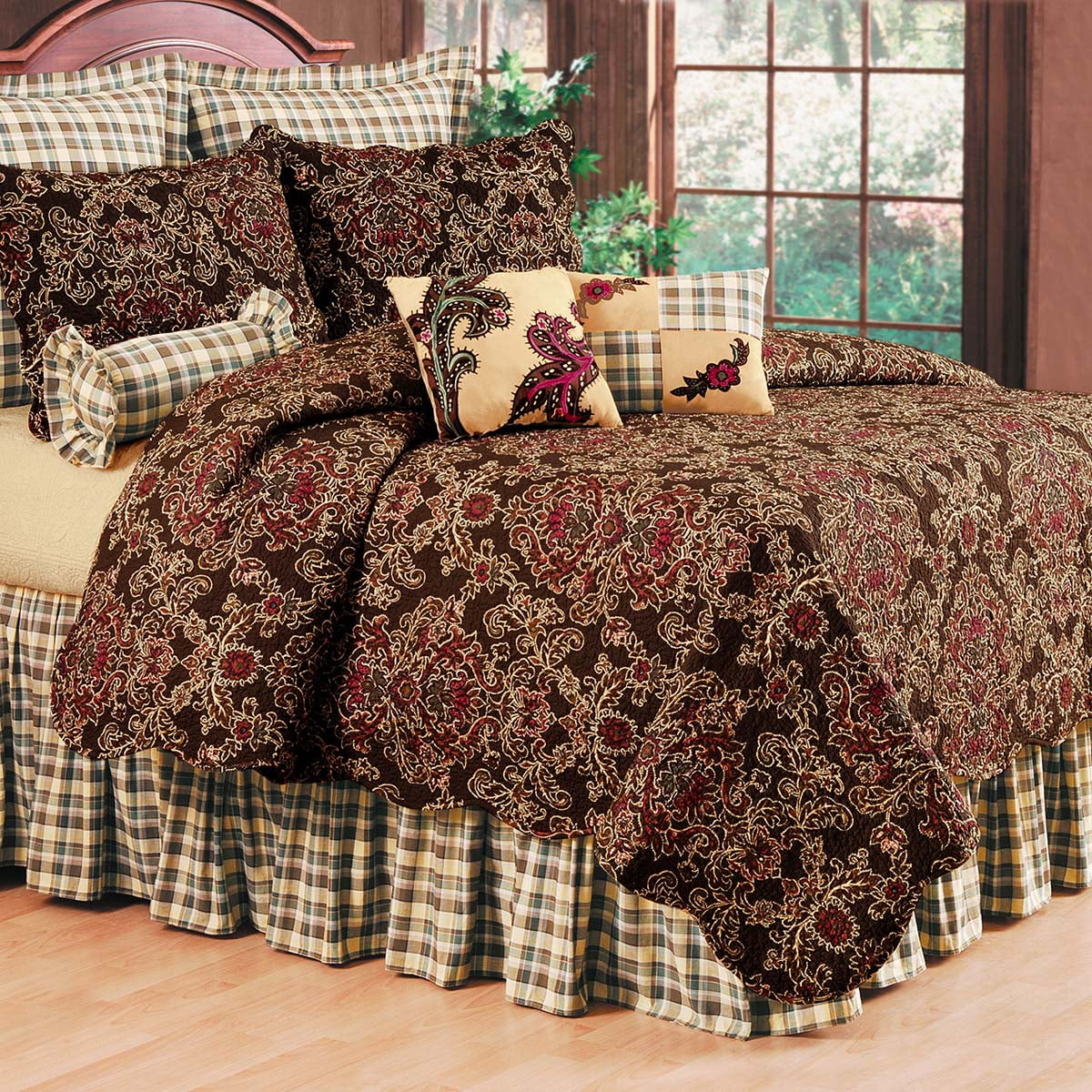 Brown Cotton Reversible King Size Damask Quilt