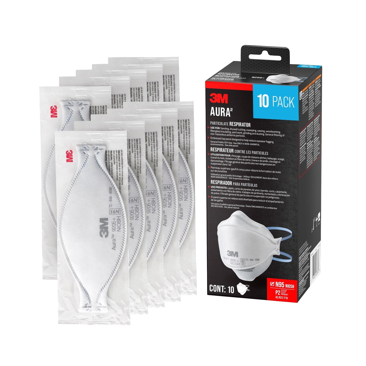 3M Aura Particulate Respirator, N95, 9205PH10-DC, Folds Flat, White, 10 Masks