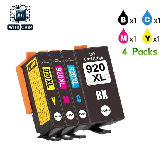920XL Ink Printer Cartridge with Chip, for HP 920XL 920, Black/Tri-Color, 4 Pack
