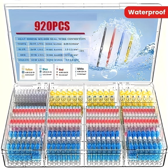 [920pcs Thermal Shrinkage Terminals] 920pcs Waterproof Solder Ring Thermal Shrinkage Terminals | Solder Seal Electrical Butt Connector, Wire Cable Gland Terminal Kit For Electrical Marine Automotive